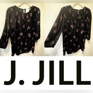 NWT J.Jill Black Floral Smocked Peasant Blouse – Rayon – Size Medium